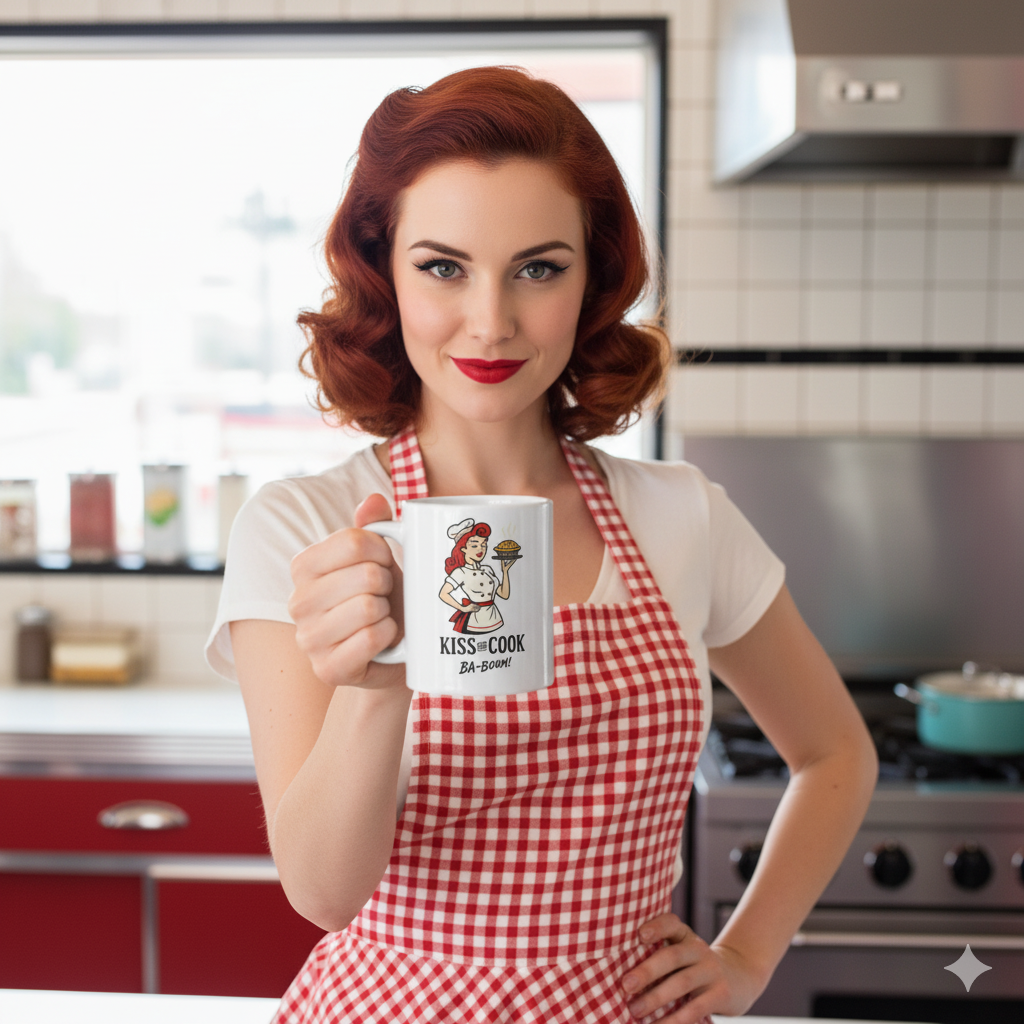 Taza de Cerámica Cocinera Retro - Regalo Original Pin Up          "Kiss the Cook Ba-Boom"