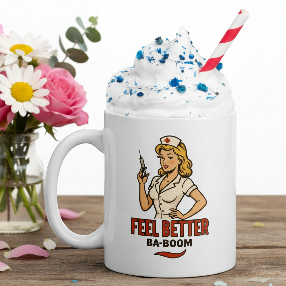 Taza de Cerámica Enfermera Retro - Regalo Sanitario Pin Up "Feel Better Ba-Boom"