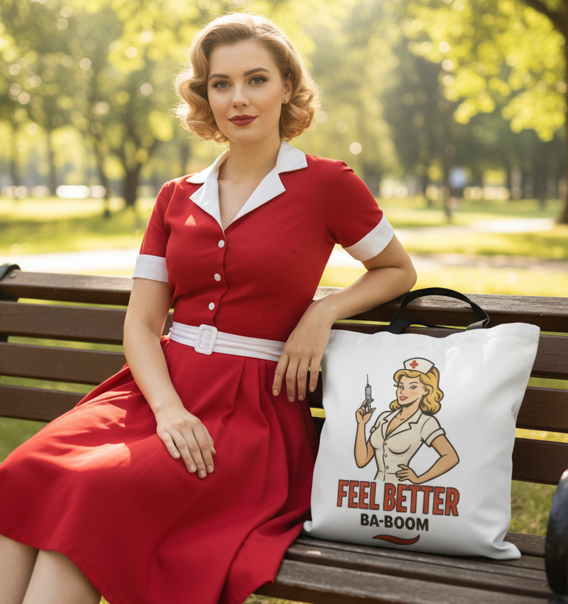 Bolso Tote para Enfermera - Bolsa de Tela Estilo Pin Up     "Feel Better Ba-Boom"