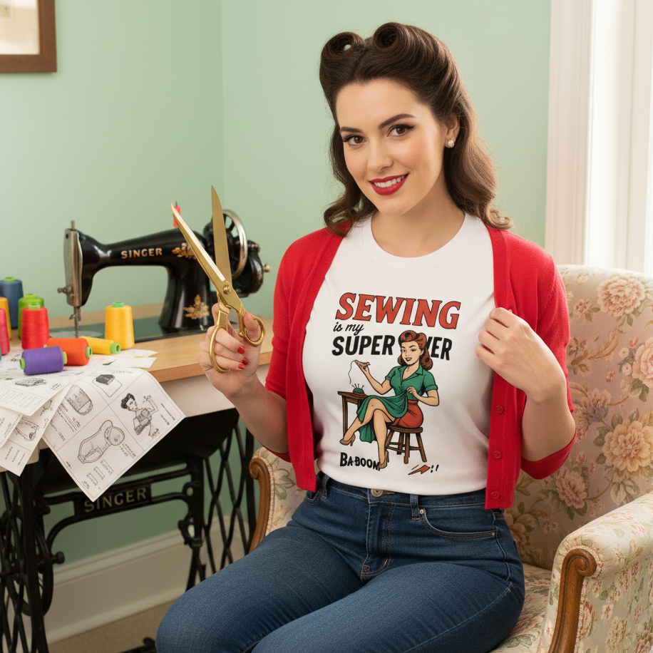 Camiseta larga de Costura para Mujer - Diseño Vintage      "Sewing is my superpower"