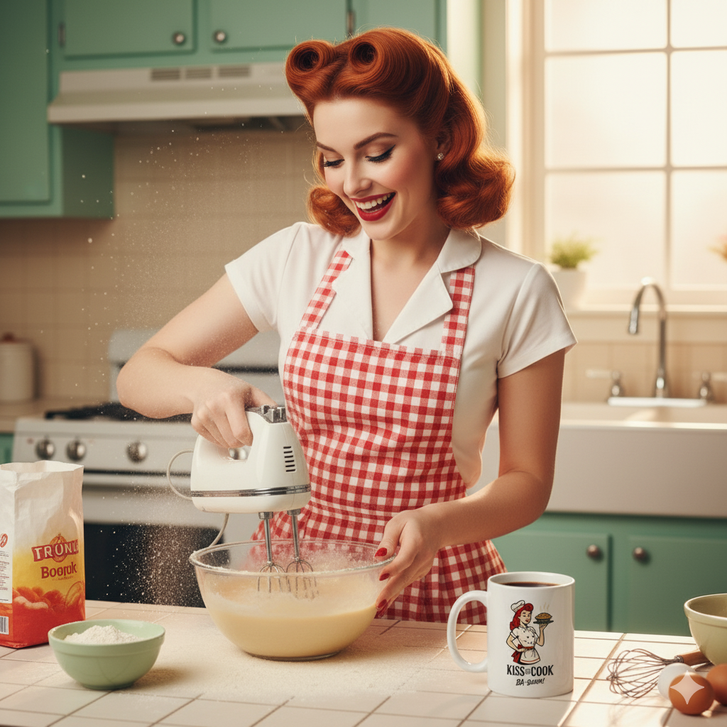 Taza de Cerámica Cocinera Retro - Regalo Original Pin Up          "Kiss the Cook Ba-Boom"