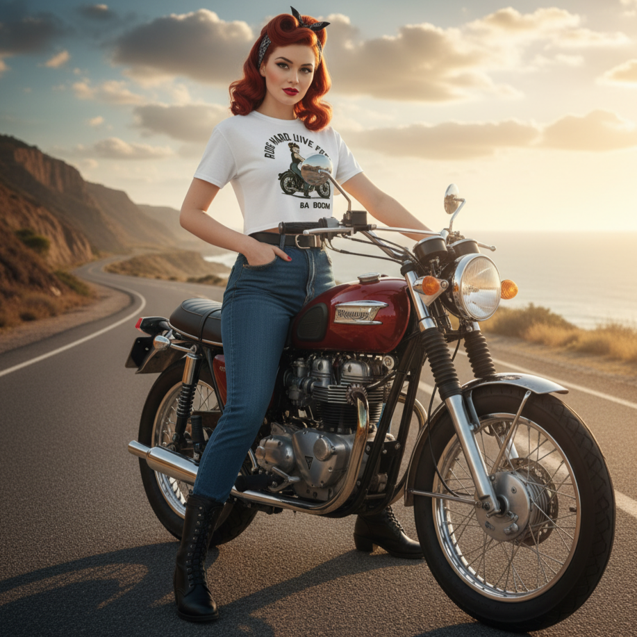 Crop Top Motera para Mujer - Camiseta Corta Retro Pin Up "Ride Hard Live Free"