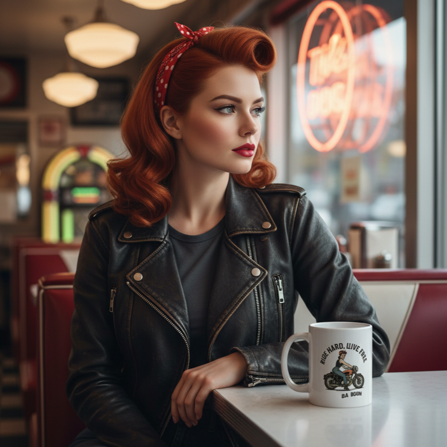 Taza de Cerámica Motera Vintage - Regalo para Mujer Pin Up "Ride Hard Live Free"